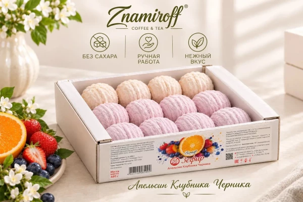 №1 Зефир БЕЗ САХАРА Ассорти №1(Апельсин-Клубника-Черника), 480г в Арзамасе